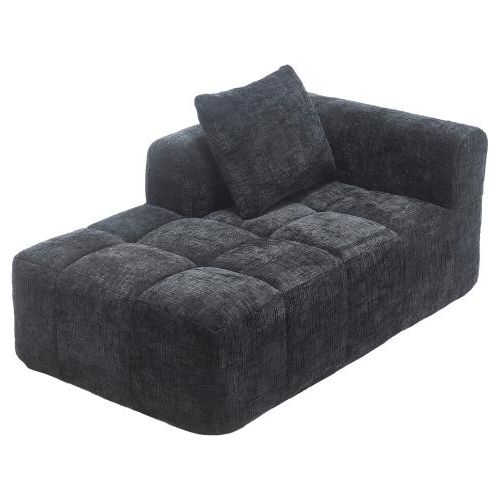 Bequemes Chaiselongue-Sofa kein Zusammenbau erforderlich, weiches Sofa mit Kissen, Seitentaschen fuer Fernbedienung und Mobiltelefon Schwarz