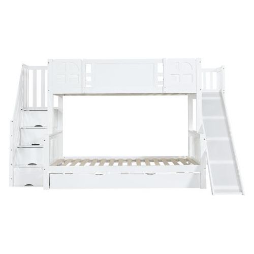 Etagenbett 90x200cm Weiss Ohne Matratze Kiefer MDF Stauraumbett Mit Fenster Mit Rutsche Schubladen Treppe Handlauf 4 Schliessfaecher Vielseitiges