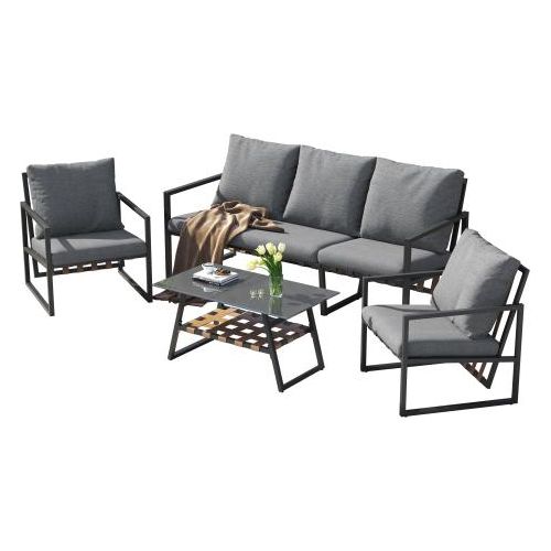 Gartenlounge-Set Grau Gartenmoebel-Set mit bequemen Kissen 3-Sitzer-Sofa 2 Sessel und Couchtisch Gewebte PolyurethanSeil-Rueckenlehne Glastischplatte