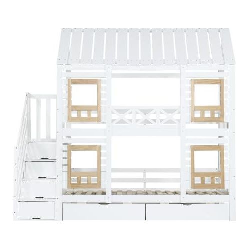 Etagenbett 90x200cm Ohne Matratze Weiss Naturbelassen Stauraumbett Kiefer MDF Fenster Fallschutzgitter Zwei Schubladen Treppe Mit 4 Ablagefaechern