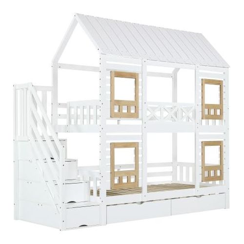 Etagenbett 90x200cm Weiss Ohne Matratze Naturbelassen Stauraumbett Kiefer MDF Fenster Fallschutzgitter Zwei Schubladen Treppe Mit 4 Ablagefaechern