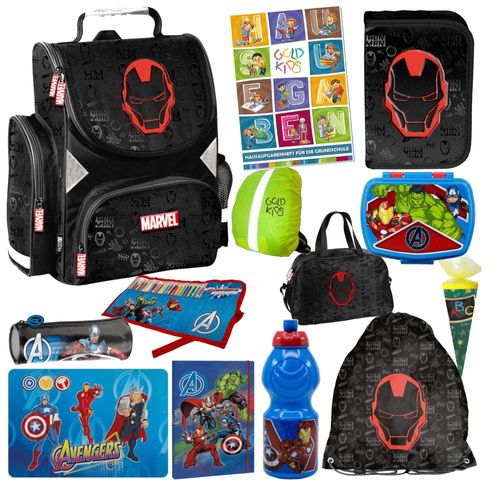 Goldkids - Schulranzen für Jungen, 13er-Set - Schul-Rucksack für Kinder mit Federmäppchen - Schuhbeutel Brotdose und Trinkflasche - Avengers