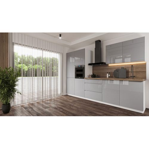 Küchenzeile 320 cm Küchenblock, Einbauküche Ohne E-Geräten Aspen K57-M320 Grau/Hochglanz