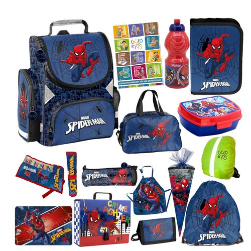 Goldkids- Schulranzen für Jungen , 15er-Set - Schul-Rucksack für Kinder mit Federmäppchen - Schuhbeutel Brotdose und Trinkflasche - Spiderman Motiv