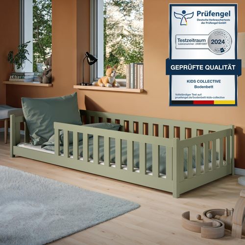 Kinderbett Bodenbett 90x190 cm Bett mit Rausfallschutz & Lattenrost Montessori Bett Bed Gitterbett Kinder Jugendbett Einzelbett optional mit Matratze | Olivgrün Kiefer Holz massiv Junge Mädchen