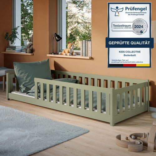 Kinderbett Bodenbett 90x190 cm Bett mit Rausfallschutz & Lattenrost Montessori Bett Bed Gitterbett Kinder Jugendbett Einzelbett optional mit Matratze | Olivgrün Kiefer Holz massiv Junge Mädchen