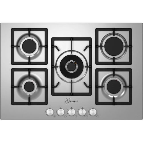 Gurari GCH FQ755VTGC Gaskochfeld 75 cm, Edelstahl, 4,0 KW WOK, 5 Gasbrenner,Erdgas, FL.Gas