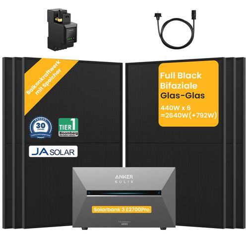 Balkonkraftwerk mit Speicher, Anker SOLIX Solarbank 3 E2700 Pro 2688Wh Speicher mit 2640W Jasolar Bifaziale Solarmodule für Balkonkraftwerk