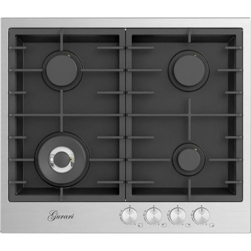 Gurari TX604VTGL Gaskochfeld 60 cm, Edelstahl - Schwarz 4,0 KW WOK, 4 Gasbrenner, Autark