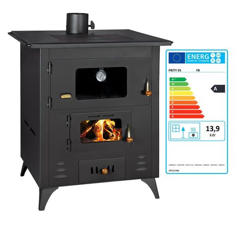 Prity FR Holzherd 13,9 kW mit großem Backofen & Thermometer, Metallplatte