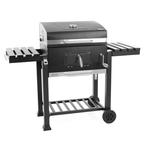 HECHT California Holzkohlegrill mit Deckel | Flaschenöffner | Thermometer | Transporträder | Warmhalterost