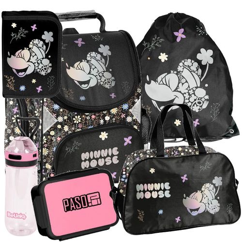 Schulranzen 6-tlg. Set für Mädchen & Jungen MINNIE Disney – Paso Ranzen, Mäppchen, Tasche, Flasche, Frühstückstasche