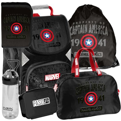 Schulranzen 6-tlg. Set für Mädchen & Jungen CAPTAIN PLANETA Marvel – Paso Ranzen, Mäppchen, Tasche, Flasche, Frühstückstasche