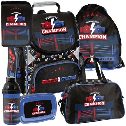 Schulranzen 6-tlg. Set für Mädchen & Jungen BOXING champion – Paso Ranzen, Mäppchen, Tasche, Flasche, Frühstückstasche