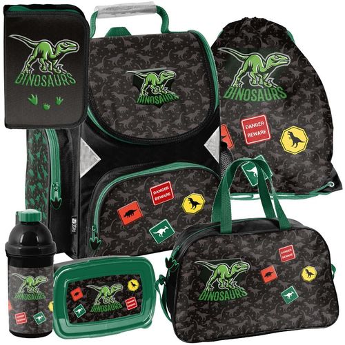 Schulranzen 6-tlg. Set für Mädchen & Jungen DINO DINOSAURIER – Paso Ranzen, Mäppchen, Tasche, Flasche, Frühstückstasche