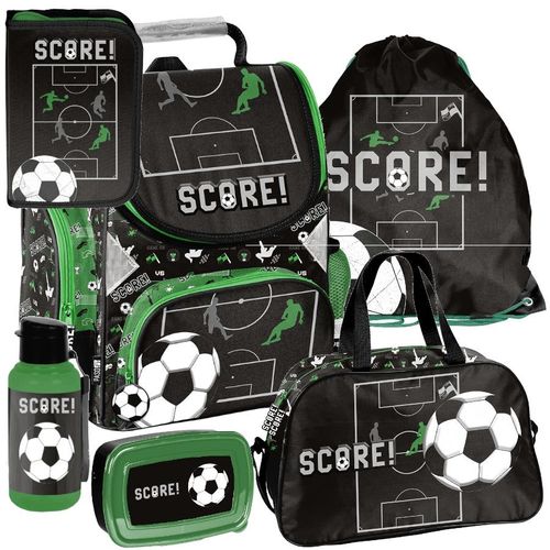 Schulranzen 6-tlg. Set für Mädchen & Jungen FUßBALL SCORE – Paso Ranzen, Mäppchen, Tasche, Flasche, Frühstückstasche