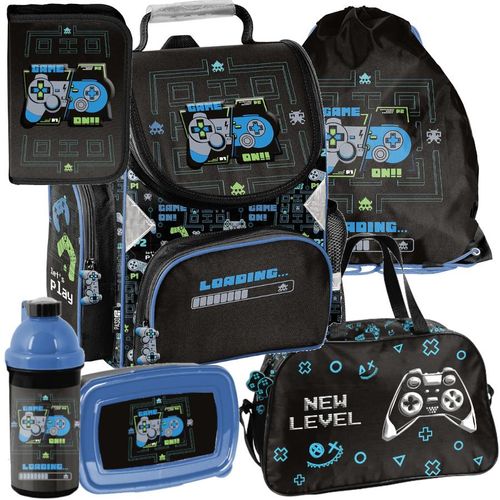 Schulranzen 6-tlg. Set für Mädchen & Jungen GAME pads – Paso Ranzen, Mäppchen, Tasche, Flasche, Frühstückstasche