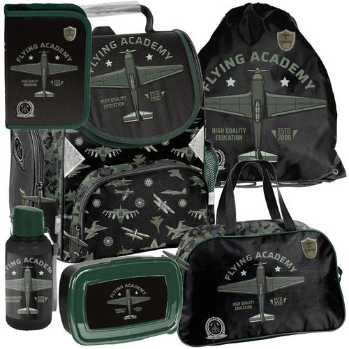 Schulranzen 6-tlg. Set für Mädchen & Jungen Flugzeug – Paso Ranzen, Mäppchen, Tasche, Flasche, Frühstückstasche