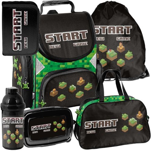 Schulranzen 6-tlg. Set für Mädchen & Jungen PIXELS game – Paso Ranzen, Mäppchen, Tasche, Flasche, Frühstückstasche