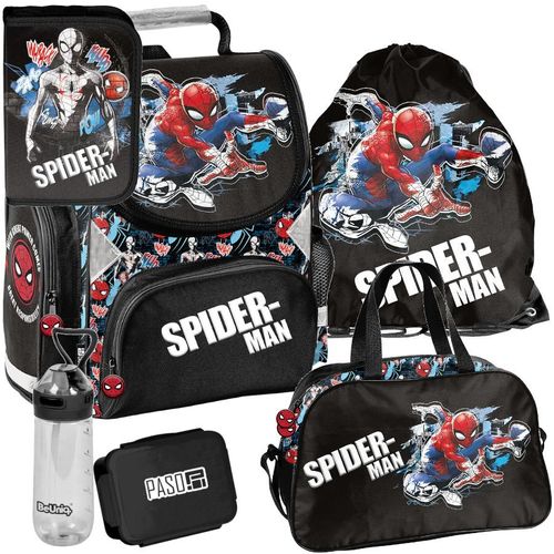 Schulranzen 6-tlg. Set für Mädchen & Jungen SPIDERMAN– Paso Ranzen, Mäppchen, Tasche, Flasche, Frühstückstasche