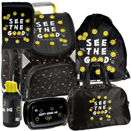 Schulranzen 6-tlg. Set für Mädchen & Jungen SMILEY– Paso Ranzen, Mäppchen, Tasche, Flasche, Frühstückstasche