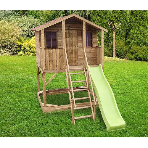 Wood & Play - Kinderspielhaus aus Holz Gartenhaus Kinder mit Rutsche