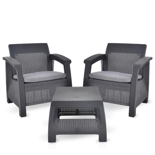 HECHT SIERRA Garten Möbel Set mit Kissen | Polyrattan | Wetterfest | 2 Sessel + 1 Tisch | Sitzgruppe Lounge Set