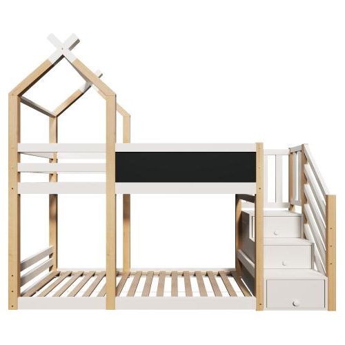 Etagenbett Ohne Matratze 90x200cm Naturbelassen & Weiss Kinderbett Baumhaus Inkl. Tafel Speicherung Rausfallschutz Hochbett Kinder 2x Lattenrost