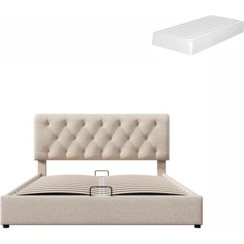 Doppelbett 160x200 cm Inklusive Matratze Naturbelassen Polsterbett Hydraulisch Verstellbares Kopfteil Bett Lattenrost Bettgestell Mit Stauraum