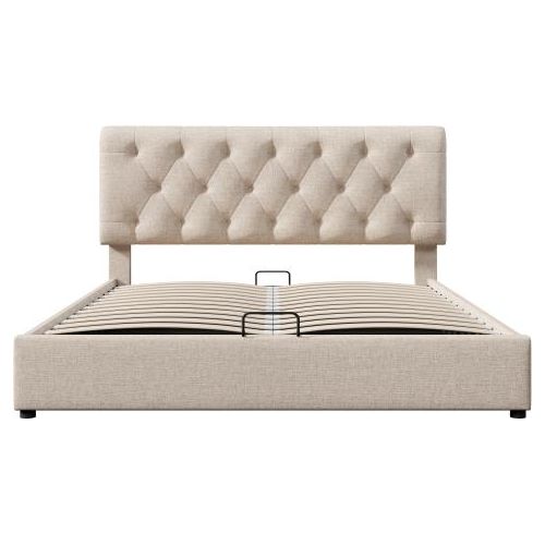 Beige 140x200cm Polsterbett Ohne Matratze Leinen Stauraumbett Verstellbares Kopfteil mit Lattenrost aus Metallrahmen und Stauraum