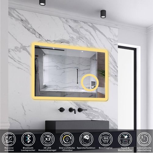 AICA LED Wandspiegel mit Steckdose 70x50cm Bluetooth Beschlagfrei Kalt/Neutral/Warmweiß Dimmbar Badspiegel mit 3-Fach Vergrößerung Schminkspiegel IP44