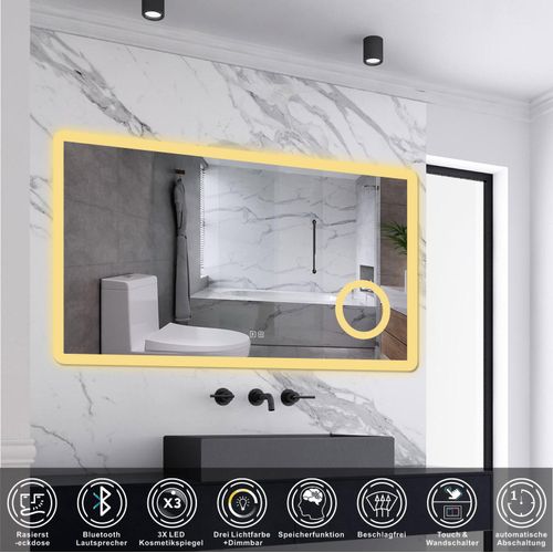 AICA LED Wandspiegel mit Steckdose 100x60cm Bluetooth Beschlagfrei Kalt/Neutral/Warmweiß Dimmbar Badspiegel mit 3-Fach Vergrößerung Schminkspiegel IP44
