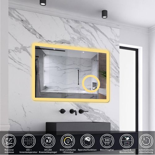 AICA LED Wandspiegel mit Steckdose 70x50cm Uhr Beschlagfrei Kalt/Neutral/Warmweiß Dimmbar Badspiegel mit 3-Fach Vergrößerung Schminkspiegel IP44