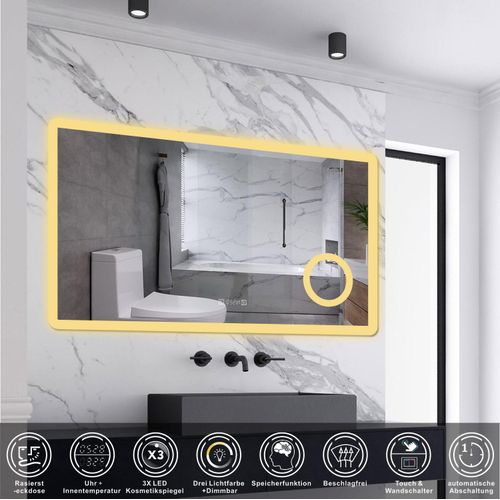 AICA LED Wandspiegel mit Steckdose 120x70cm Uhr Beschlagfrei Kalt/Neutral/Warmweiß Dimmbar Badspiegel mit 3-Fach Vergrößerung Schminkspiegel IP44