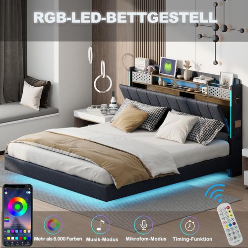 okwish Polsterbett Doppelbett 160 x 200 cm mit USB-Ladeanschluss und LED-Beleuchtung, Funktionelles Stauraumbett mit Kopfteil mit Stauraum und Handytasche(Ohne Matratze)- Grau