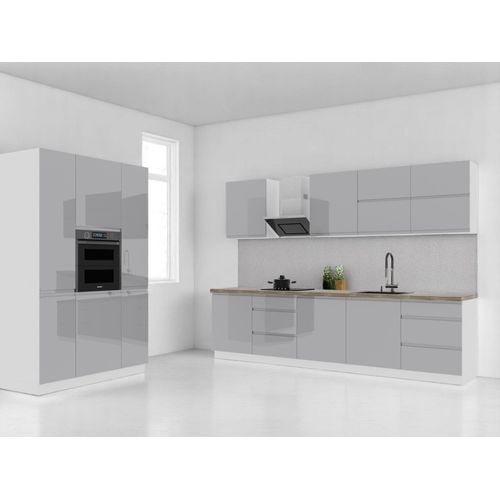 Küchenzeile 440 cm Einbauküche Küche ohne Arbeitsplatte Küchenblock, Aspen K74-M440 Grau/Hochglanz