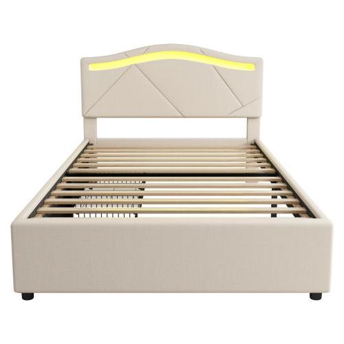 Polsterbett 90x200cm Beige mit Lattenrost (ohne Matratze) Leinen Verstellbares Zwei Schubladen Ferngesteuerte Beleuchtung Minimalistisch Einzelbett