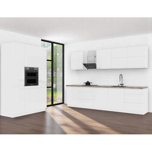Küchenzeile 440 cm Einbauküche Küche ohne Arbeitsplatte Küchenblock, Aspen K74-M440 Weiß/Hochglanz