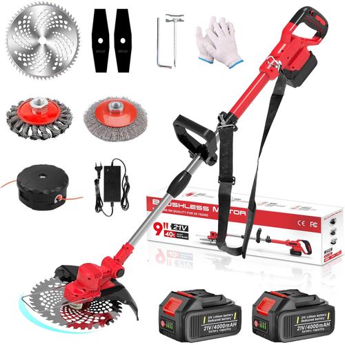 Akku Rasentrimmer mit 2× 4000mAh Akku 21V, 750W Bürstenloser Motor Rasentrimmer mit Unkrautbürste, Freischneider Akku & Ladegerät | Rot