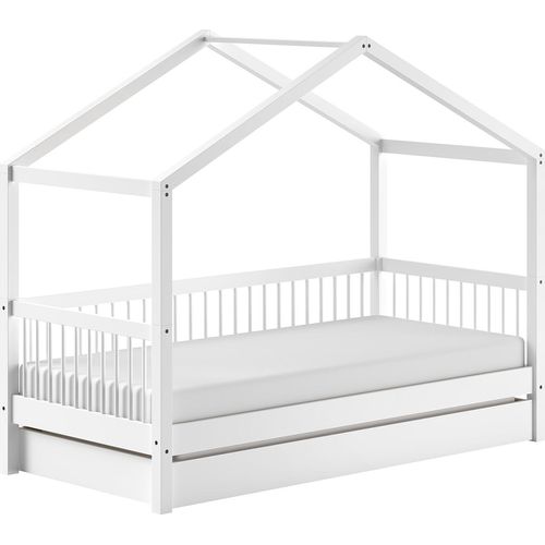 Hausbett ></noscript>Buche Massiv< in Buche massiv weiß lackiert - 207,5x170x97,5 (BxHxT)