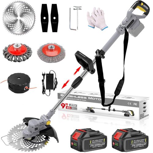 Akku Rasentrimmer 750W mit 2 Akkus & Ladegerät, Freischneider Gartengeräte mit Fugenbürste & Unkrautbürste | Grau