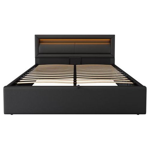 Doppelbett 140x200cm Ohne Matratze Schwarz Polsterbett Holz Lattenrost Stauraum LED-Kopfteil Massivholzbett Erwachsenenbett Schlafzimmerbett