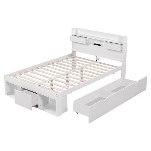 Doppelbett 140x190cm Mit USB-Port Schubladen Stauschrank Kinderbett Jugendbett Multifunktionales Bett Grosser Stauraum Ohne Matratze Weiss