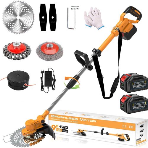 Akku Rasentrimmer mit 2× 4000mAh Akkus, 750W leistungsstarker Freischneider für Gartenarbeit, Rasentrimmer mit Unkrautbürste & Fugenbürste | Orange