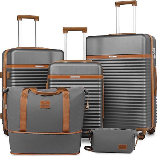 Joyway 5tlg ABS Hartschalen Kofferset mit TSA-Schloss, 4 Rollen + Reisetasche + Kulturbeutel - Grau