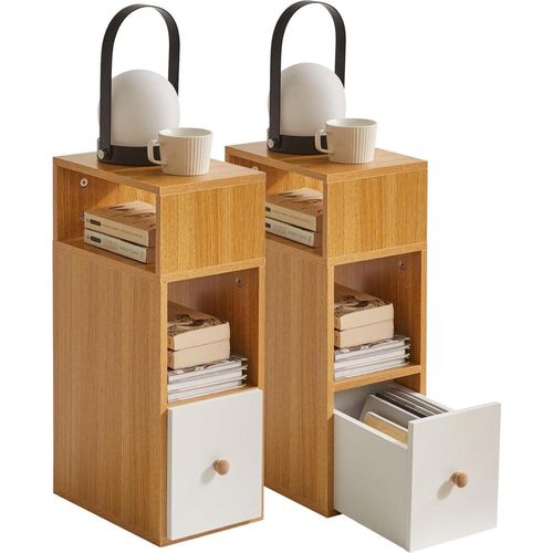 Nachttisch Set Schmal Beistelltisch mit Schublade Natürliche Farbe