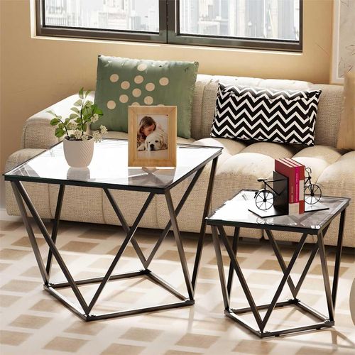 Glas Couchtisch 2er Set Quadratisch, Modernes Wohnzimmer Beistelltisch Transparentes Glas Home Office Sofatisch
