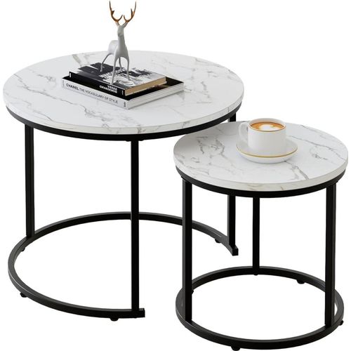 Runder Beistelltisch Set | Metallrahmen | 60 cm Durchmesser | Schwarz-Weiß Marmorplatte