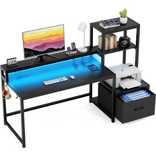 Computer Schreibtisch 150 cm mit LED-Leuchten und Schublade, Schwarz