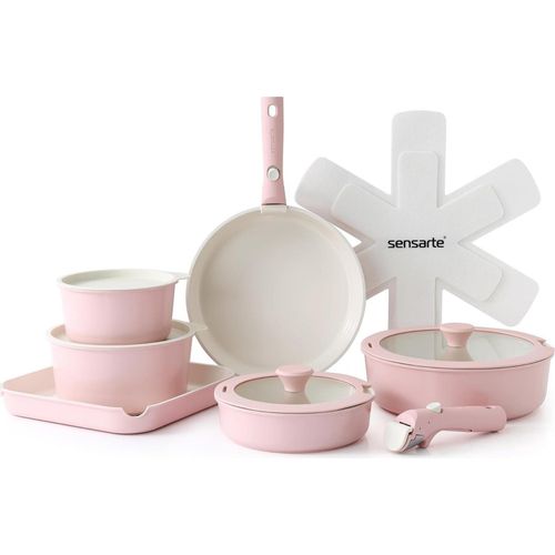 Keramik Kochgeschirrset 17-teilig Induktion Spülmaschinenfest Antihaft Rosa